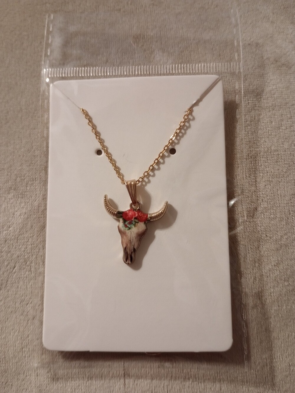 Gold Bull Skull Pendant Necklace with Pink Floral Accent